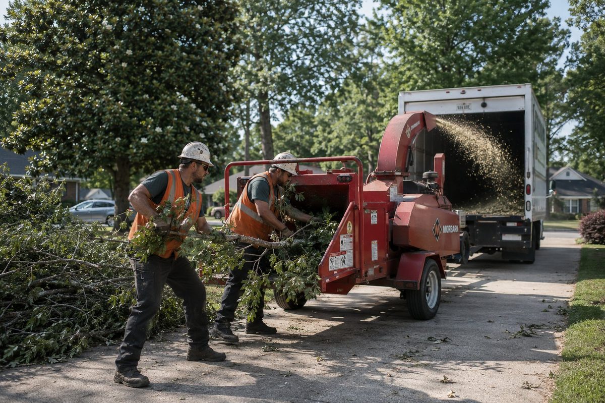 Tree service crew feeding wood chipper Tuscaloosa Alabama